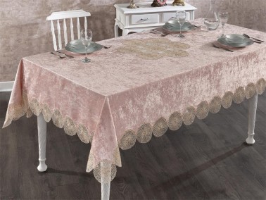 Elis French Guipureed Velvet Tablecloth Powder - Thumbnail