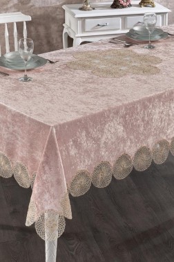 Elis French Guipureed Velvet Tablecloth Powder - Thumbnail