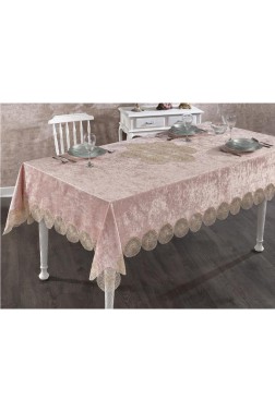 Elis French Guipureed Velvet Tablecloth Powder - Thumbnail