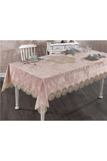 Elis French Guipureed Velvet Tablecloth Powder