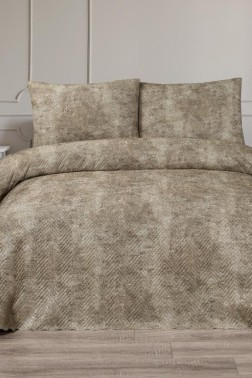 Elissa Double Size Velvet Bedspread Set, Coverlet 230x240 with Pillowcase Beige - Thumbnail