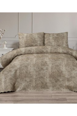 Elissa Double Size Velvet Bedspread Set, Coverlet 230x240 with Pillowcase Beige - Thumbnail