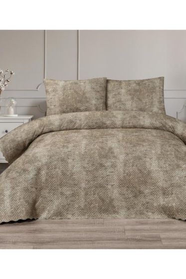 Elissa Double Size Velvet Bedspread Set, Coverlet 230x240 with Pillowcase Beige