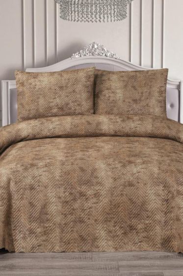 Elissa Double Size Velvet Bedspread Set, Coverlet 230x240 with Pillowcase Cappucino