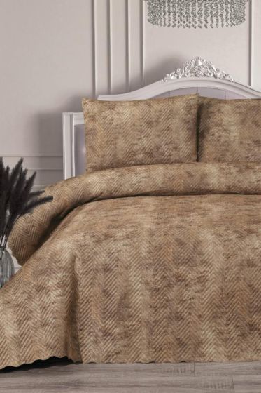 Elissa Double Size Velvet Bedspread Set, Coverlet 230x240 with Pillowcase Cappucino