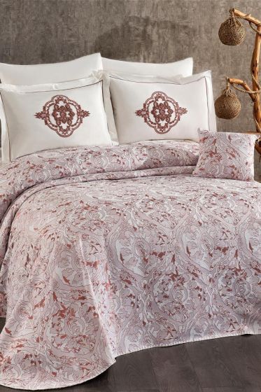 Elit Chenille Bedspread Set 245x255, Bed Sheet 240x260, Cotton, Cream - Burgundy
