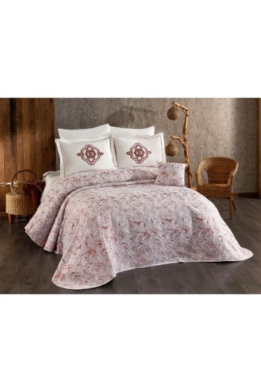 Elit Chenille Bedspread Set 245x255, Bed Sheet 240x260, Cotton, Cream - Burgundy
