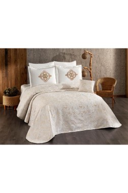 Elit Chenille Bedspread Set 245x255, Bed Sheet 240x260, Cotton, Cream - Gold - Thumbnail