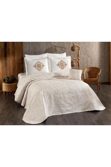 Elit Chenille Bedspread Set 245x255, Bed Sheet 240x260, Cotton, Cream - Gold