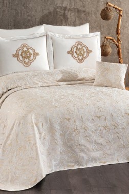 Elit Chenille Bedspread Set 245x255, Bed Sheet 240x260, Cotton, Cream - Gold - Thumbnail