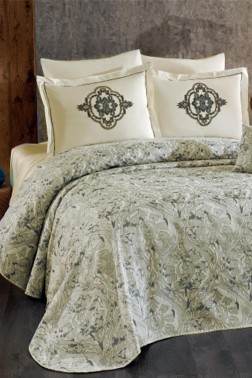 Elit Chenille Bedspread Set 245x255, Bed Sheet 240x260, Cotton, Cream - Gray - Thumbnail