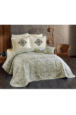 Elit Chenille Bedspread Set 245x255, Bed Sheet 240x260, Cotton, Cream - Gray - Thumbnail