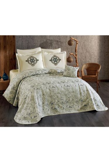 Elit Chenille Bedspread Set 245x255, Bed Sheet 240x260, Cotton, Cream - Gray