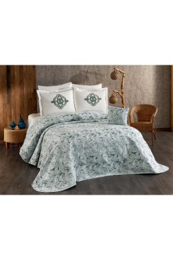 Elit Chenille Bedspread Set 245x255, Bed Sheet 240x260, Cotton, Cream - Green - Thumbnail