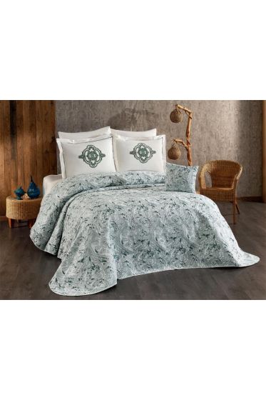 Elit Chenille Bedspread Set 245x255, Bed Sheet 240x260, Cotton, Cream - Green