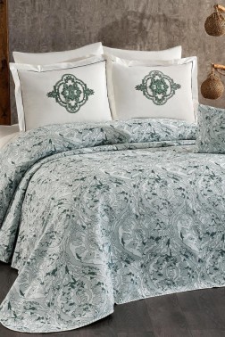 Elit Chenille Bedspread Set 245x255, Bed Sheet 240x260, Cotton, Cream - Green - Thumbnail