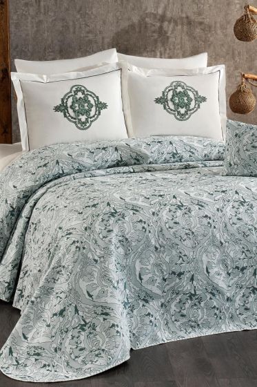 Elit Chenille Bedspread Set 245x255, Bed Sheet 240x260, Cotton, Cream - Green
