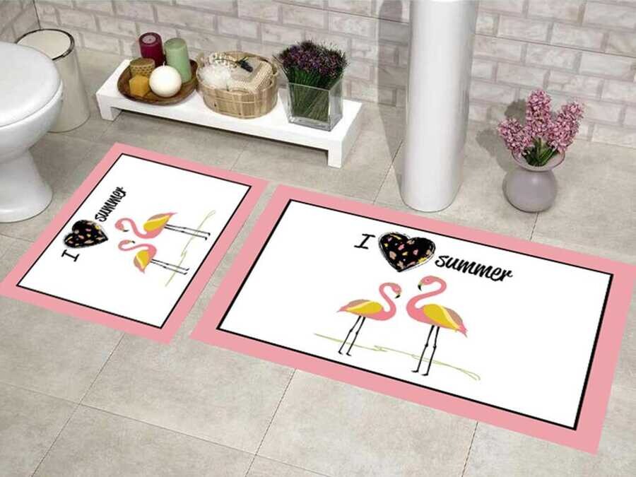طقم دواسه حمام مستطيل من قطعتين وردي Elit Flamingo - Thumbnail
