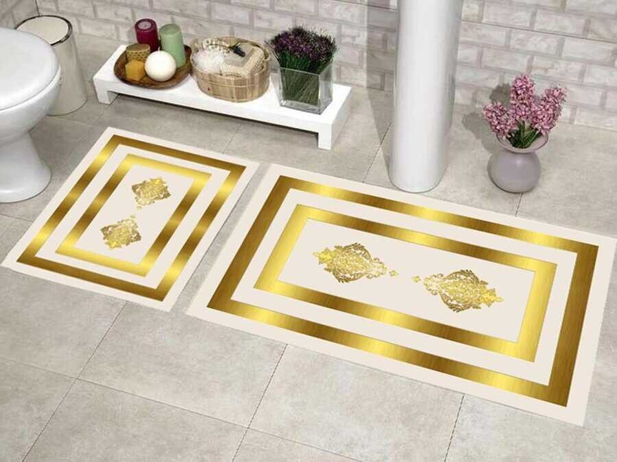 Elite Lux Rectangular 2-Piece Bath Mat Set Alberta Cream Gold - Thumbnail