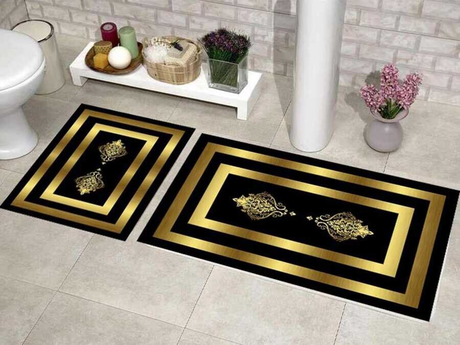 Elite Lux Rectangular 2-Piece Bath Mat Set Alberta Black Gold - Thumbnail