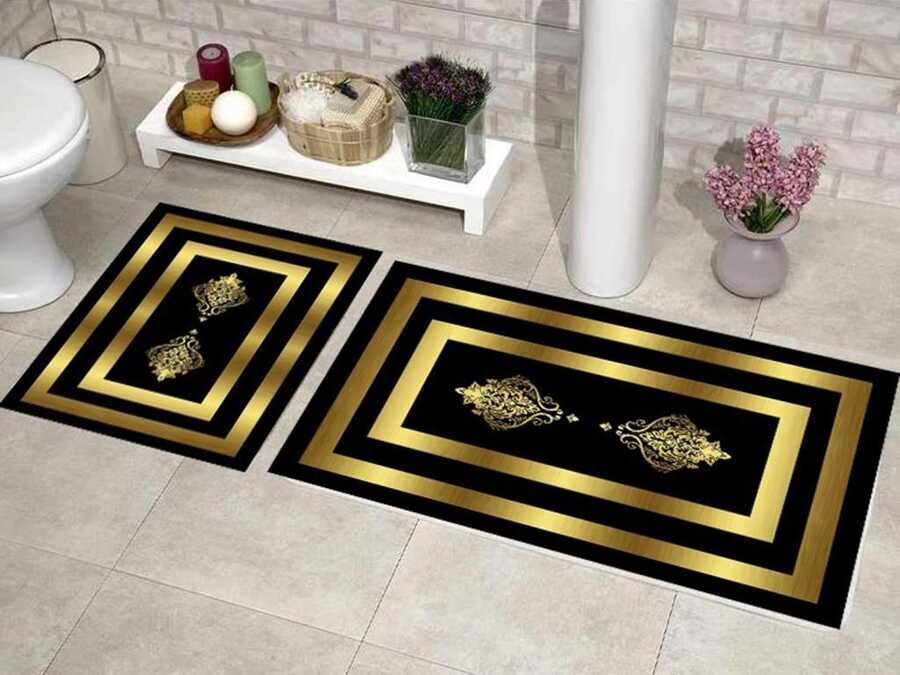 Elite Lux Rectangular 2-Piece Bath Mat Set Alberta Black Gold