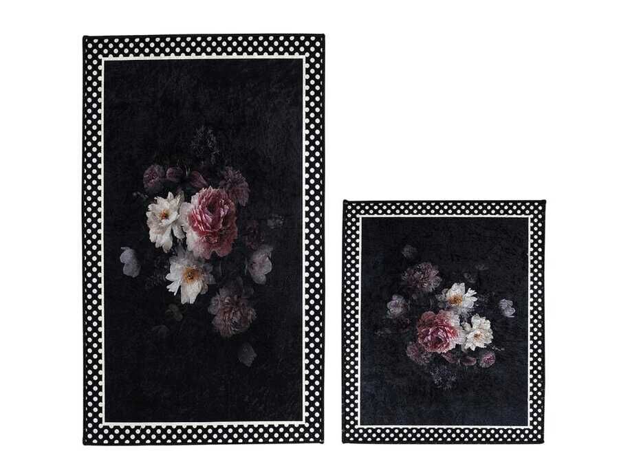 Elite Lux Rectangular 2-Piece Bath Mat Set Flowers Black