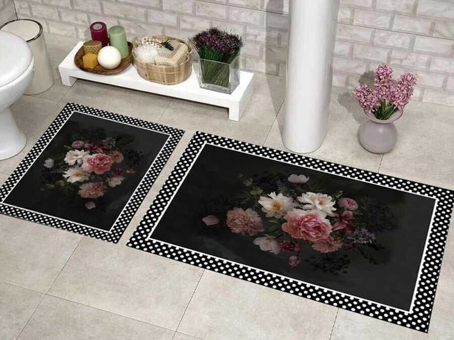 Elite Lux Rectangular 2-Piece Bath Mat Set Flowers Black