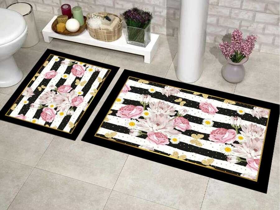 Elite Lux Rectangular 2-Piece Bath Mat Set Stripe Rose Black - Thumbnail