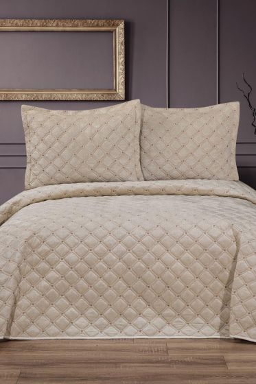 Elit Quilted Bedspread Set 3pcs, Coverlet 250x260, Pillowcase 50x70, Double Size, Beige