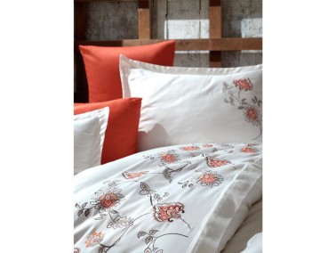 Eliz Embroidered Cotton Satin Duvet Cover Set Cream Red - Thumbnail