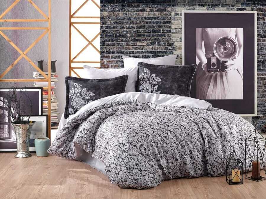 Hobby - Elvira Cotton Satin Double Duvet Cover Set Black