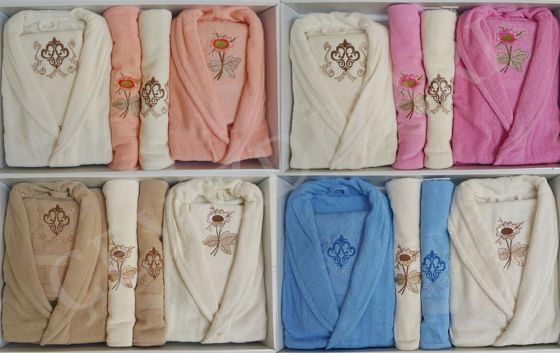 Embroidered 100% Cotton Family Bathrobe Set 6 Piece - 4 Color