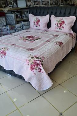 Emily Quilted Bedspread Set 3pcs, Coverlet 240x250, Pillowcase 50x70, Double Size Powder - Thumbnail