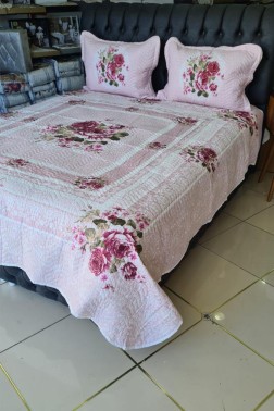 Emily Quilted Bedspread Set 3pcs, Coverlet 240x250, Pillowcase 50x70, Double Size Powder - Thumbnail