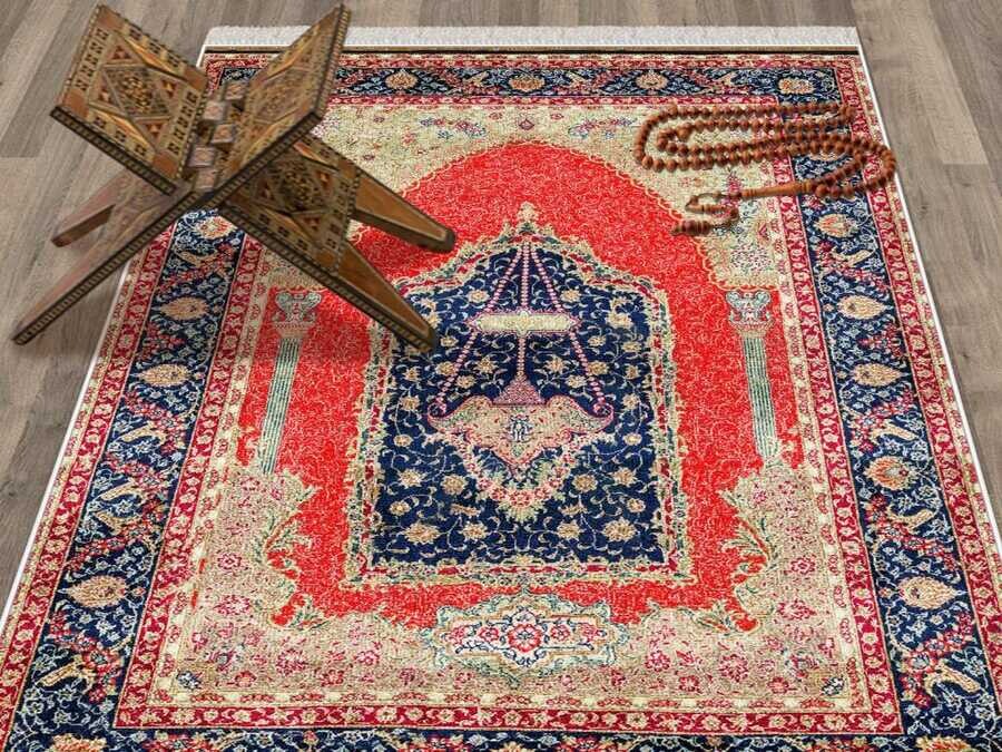 Erva Velvet Prayer Rug Navy Blue Red - Thumbnail