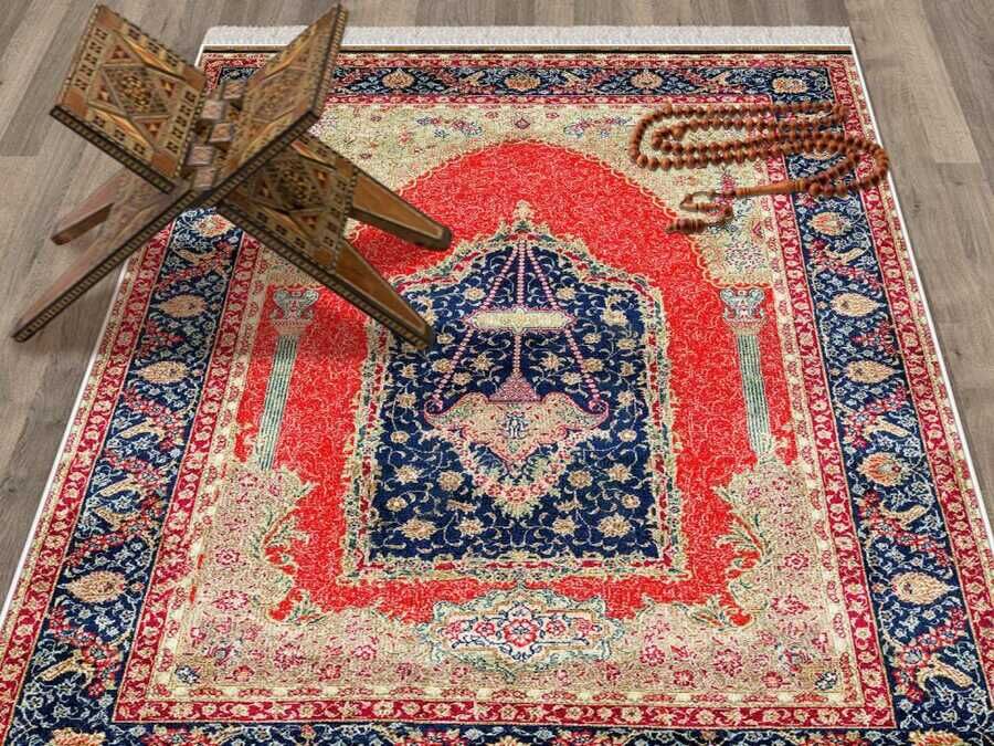 Erva Velvet Prayer Rug Navy Blue Red