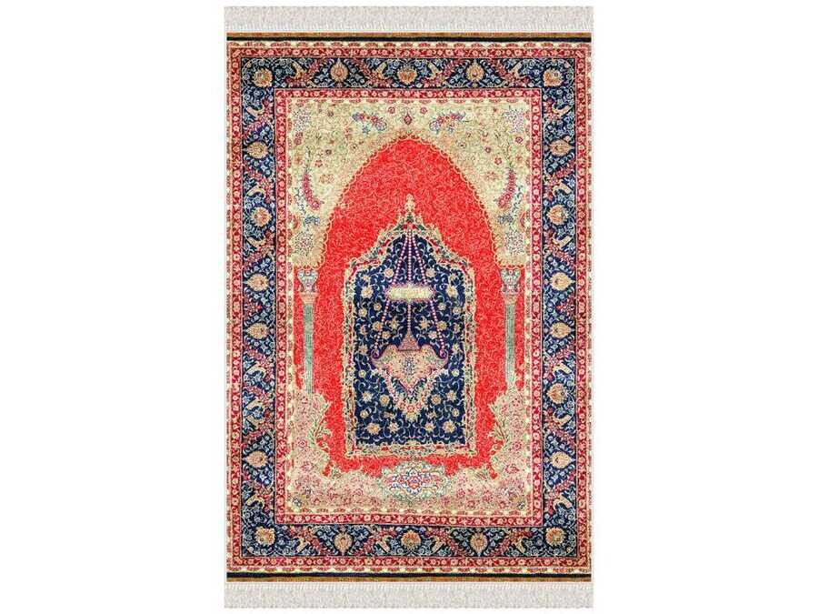 Erva Velvet Prayer Rug Navy Blue Red - Thumbnail