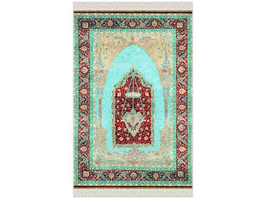 Erva Velvet Prayer Rug Powder Burgundy Green - Thumbnail