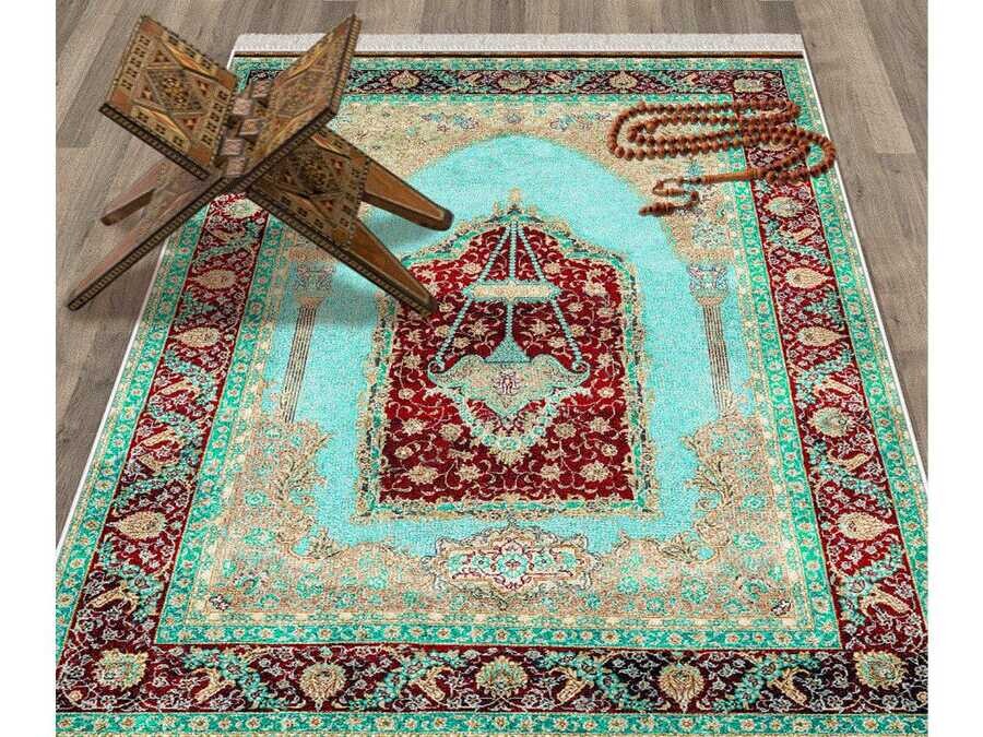 Erva Velvet Prayer Rug Powder Burgundy Green - Thumbnail