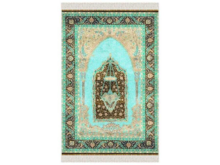 Erva Velvet Prayer Rug Black Green - Thumbnail