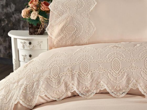 Eslem Bedding Set 6 Pcs, Duvet Cover, Bed Sheet, Pillowcase, Double Size, Self Patterned, Wedding, Daily use Cappucino