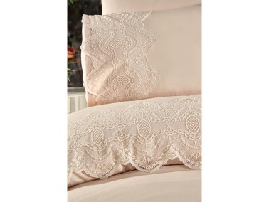 Eslem Bedding Set 6 Pcs, Duvet Cover, Bed Sheet, Pillowcase, Double Size, Self Patterned, Wedding, Daily use Cappucino - Thumbnail