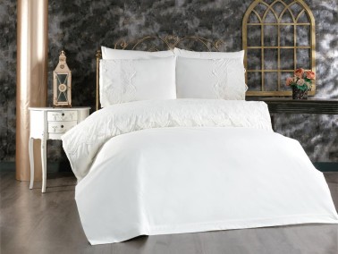 Eslem Bedding Set 6 Pcs, Duvet Cover, Bed Sheet, Pillowcase, Double Size, Self Patterned, Wedding, Daily use Cream - Thumbnail