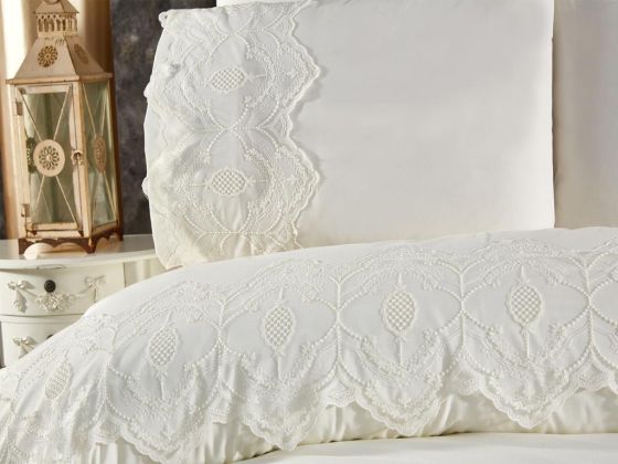 Eslem Bedding Set 6 Pcs, Duvet Cover, Bed Sheet, Pillowcase, Double Size, Self Patterned, Wedding, Daily use Cream
