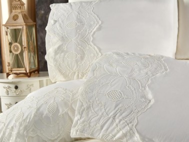 Eslem Bedding Set 6 Pcs, Duvet Cover, Bed Sheet, Pillowcase, Double Size, Self Patterned, Wedding, Daily use Cream - Thumbnail