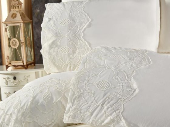 Eslem Bedding Set 6 Pcs, Duvet Cover, Bed Sheet, Pillowcase, Double Size, Self Patterned, Wedding, Daily use Cream