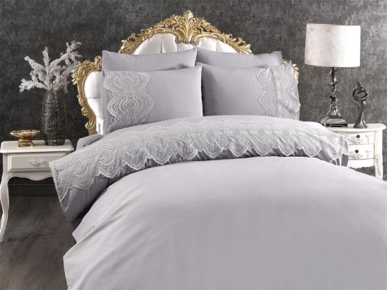 Eslem Bedding Set 6 Pcs, Duvet Cover, Bed Sheet, Pillowcase, Double Size, Self Patterned, Wedding, Daily use Grey