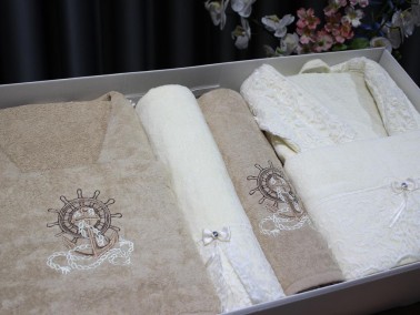 Eva Gold Guipure Embroidered Family Bathrobe Set 6 Pieces Brown Cream - Thumbnail