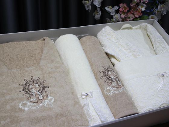Eva Gold Guipure Embroidered Family Bathrobe Set 6 Pieces Brown Cream
