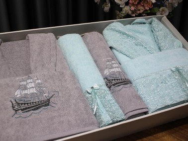 Eva Gold Guipure Embroidered Family Bathrobe Set 6 Pcs Mint Gray - Thumbnail